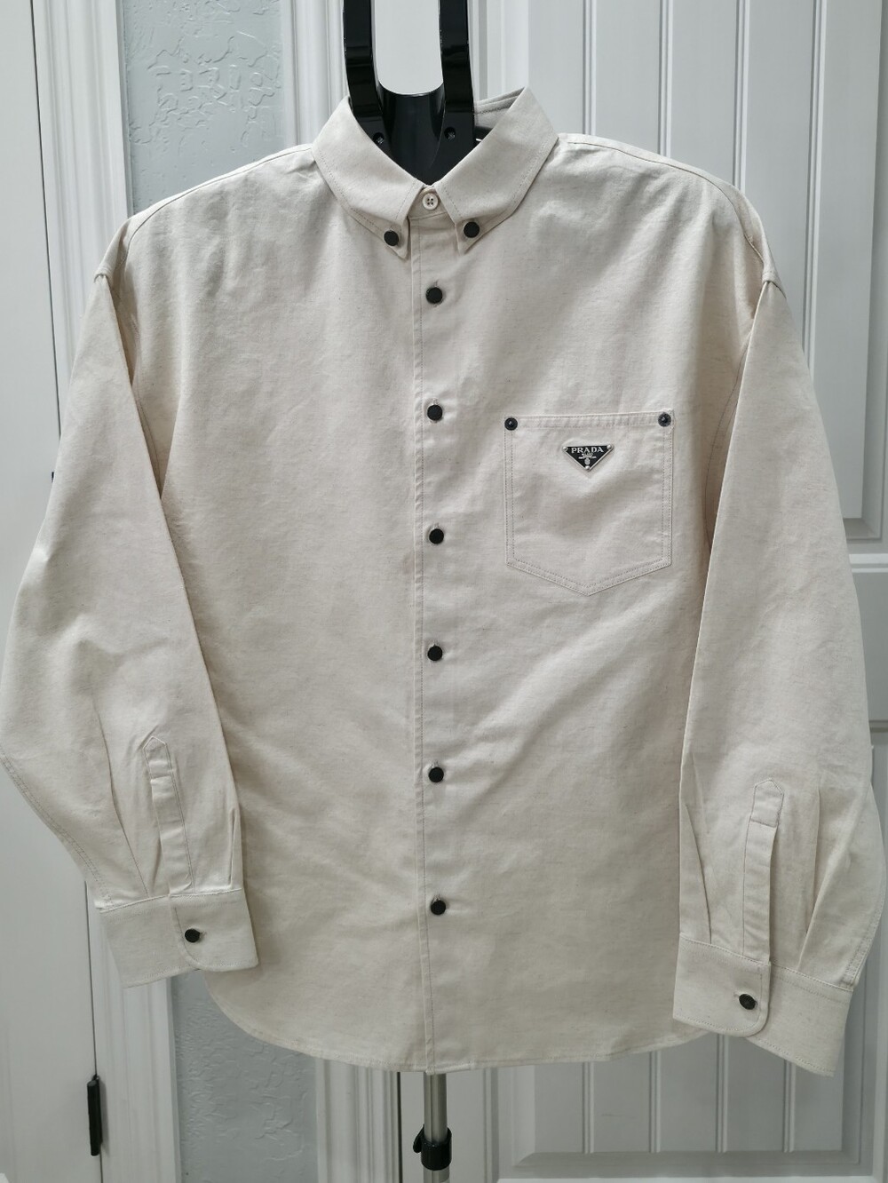 Prada Men's Off-White Button-Down Shirt with Logo Pocket